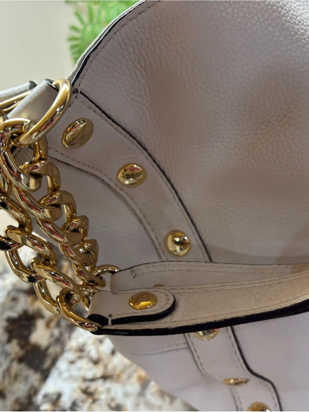 Michael Kors White Pebbled Leather Shoulder Tote with Gold Chain Detail